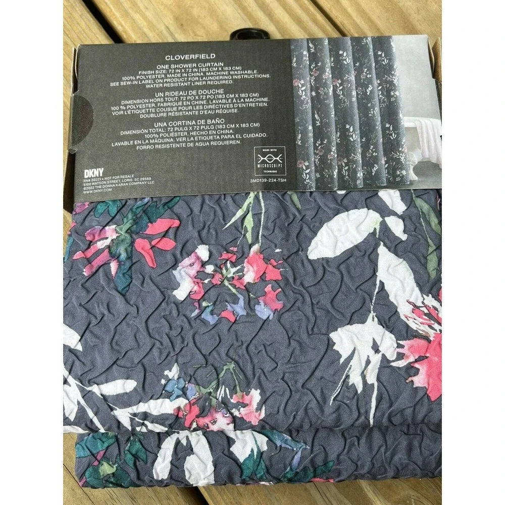 DKNY Floral Shower Curtain CLOVERFIELD Textured Blue Pink Green Microsculpt NEW